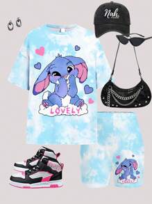 SHEIN 2 件套可爱卡通蓝色兔子露露，针迹图案，清新天蓝色扎染，少女休闲宽松短袖 T 恤和紧身裤套装，适合夏季，复古风格，轻松舒适，休闲装，儿童图案服装，返校，度假氛围，阳光之旅，春季休闲装，夏季度假，家庭时光，凉爽的夏天 - 彩色 - 查看 2