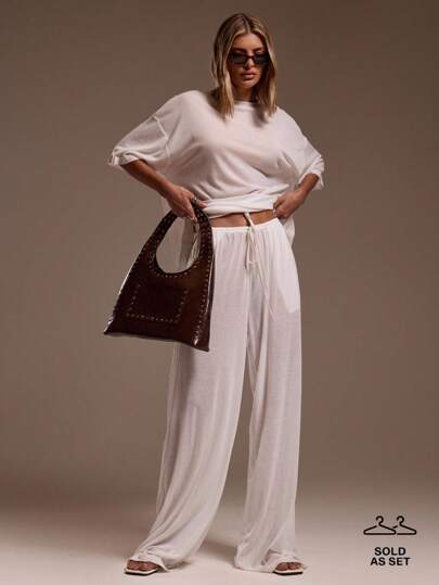 MUSERA 宽松宽松T恤阔腿裤套装，适合伊比沙岛度假、性感海滩、浪漫优雅场合、生日、波西米亚风机场穿搭、拉菲草编织的单身派对、婚礼、新娘单身告别派对等春季活动。