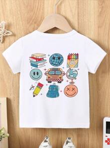 SHEIN 男童休闲时尚舒适简约可爱脸、铅笔、书本图案短袖圆领T恤，夏季