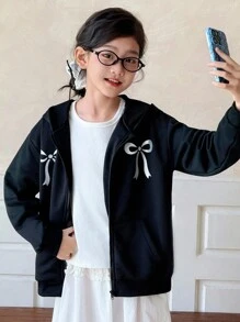 SHEIN Genkimix Kids 少女蝴蝶结印花拉链卫衣，秋冬季时尚之选 - 黑色 - 查看 4