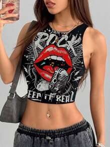 Coolane Rock Casual Rap Guitar Rock Graphic Round Neck Tight Fit Women Tank Top, Suitable For Summer Concert Chic