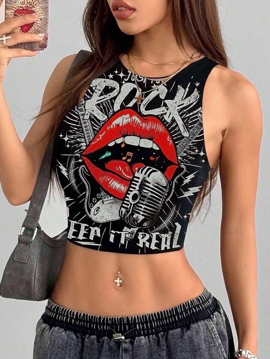 Coolane Rock Casual Rap Guitar Rock Graphic Round Neck Tight Fit Women Tank Top, Suitable For Summer Concert Chic