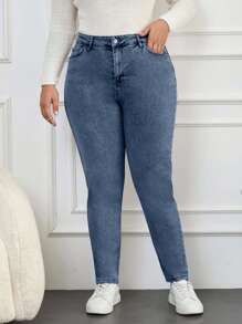 EURMUSE 97% Cotton Plus High Waist Mom Fit Jeans - Dusty Blue - View 4