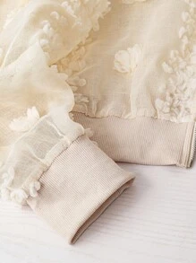 SHEIN Clasi 大码女式纯色提花透明长袖前开优雅休闲常规拉链轻便夹克 - 杏色 - 查看 4