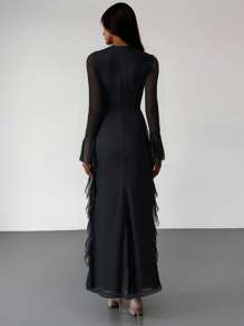 Aloruh Women's Fashion Elegant Arabic Style Long Sleeve Dress Black Knitted Dress Date Party Business Commuting Casual Simple Solid Color Dress Mesh Deep V Neck Sexy Ruffle Hem Romantic Dress Maxi Dress Bodycon Dress,Suitable For Spring And Summer,Graduation,Teacher Outfits For Women,Teacher Dress