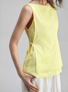 Ontre 2025 女士休闲纯色系带吊带背心，都市通勤，优雅时尚，简约百搭，宽松舒适，蝴蝶结吊带商务休闲衬衫上衣 - 黃色 - 查看 2