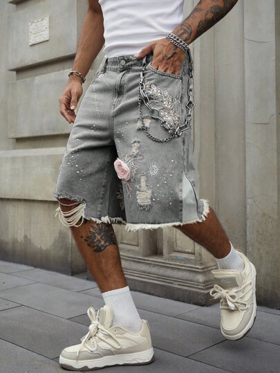 Street Life Men's Loose Fit Rhinestone Floral Embellished Denim Shorts
