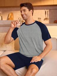 Men's Contrast Color Raglan Short Sleeve T-Shirt And Shorts Pajama Set Men Lounge Set Men Sleep Shorts Sleep Wear Men Men Pajama Set Summer Sleep Wear Sets
