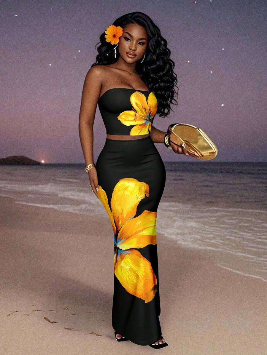 Slaydiva Bộ 2 áo hai dây ngắn họa tiết hoa và chân váy ôm sát dài, trang phục thường ngày cho kỳ nghỉ hè - màu đen - Xem 1