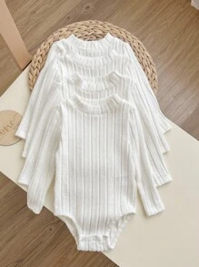 4pcs/Set Basic White Autumn Baby Girl Knitted Long Sleeve Bodysuit,Casual Ribbed Solid Color Sweater Bodysuit,Fall - White - View 7