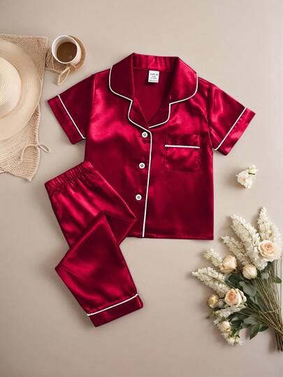 Set de 2 piezas de ropa casual de unicolor con manga corta para niñas bebé, incluyendo top y pantalones, cómodo conjunto de ropa de casa para primavera/verano