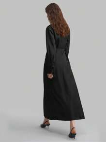 Ontre 2025 秋季新款女士立领长袖收腰 V 领修身休闲通勤连衣裙，商务中长连衣裙，适合海滩、度假、毕业典礼、办公室、海滩度假、茶会、商务休闲 - 黑色 - 查看 4