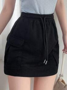 FRIFUL 女士灰色修身实用迷你裙（带口袋）和夏季毛衣短裤 - 黑色 - 查看 4