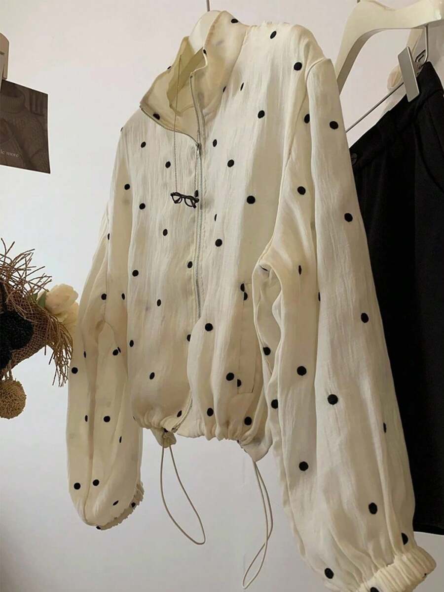 INAWLY Women's Casual Versatile Polka Dot Drawstring Hem Lightweight Jacket Fall Winter Cloth For Women - Apricot - View 1