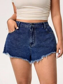 SHEIN EZwear 大码女式口袋蝴蝶结刺绣水洗无弹力牛仔短裤 - 深色水洗藍 - 查看 7