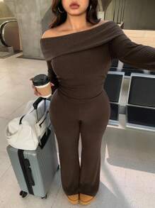 SHEIN EZwear Plus Size Casual & Homewear Minimalist Off-Shoulder Ribbed 2 Pieces Set - Brown - View 2