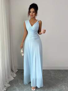 Elenzga Đầm lưới cổ chữ V dệt kim jacquard đàn hồi thắt eo kim loại thời trang mới, màu xanh nhạt, xuân/hè - Màu xanh lam - Xem 6