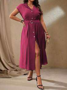 Roveilla 大码女式春夏法式优雅办公室休闲 V 领腰带金属 D 形扣装饰 A 字形连衣裙 - 中紫紅色 - 查看 3