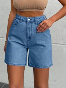 EURMUSE 100%Cotton LIGHT WASH HIGH WAIST SHORT - Blue - View 7