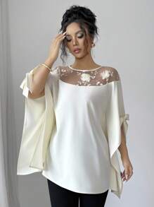 Selianne Blusa elegante francese a mantella con collo rotondo con spacchi e fiocco, in rete 3D floreale semi-trasparente, di colore albicocca, ampia e lusinghiera - Albicocca - Visualizzare 3