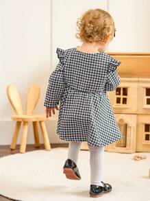 SHEIN Baby Girl Spring&Autumn Casual Style Long Sleeve Checkered Pattern Dress - Black and White - View 2