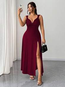 Elenzga 女式加大码纯色扭结V领高开衩高弹力针织派对鸡尾酒百搭时尚设计2025新款连衣裙 - 酒紅色 - 查看 3