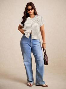 Elaquor 大码夏季休闲通勤条纹纽扣T恤 - 杏色 - 查看 3