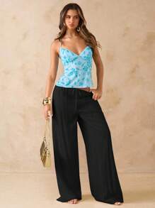 SHEIN BAE White Linen Low-Waist Loose Pants, Vacation Beach Trousers, Spring/Summer - Black - View 3