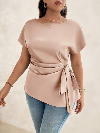 SHEIN Clasi Plus Size Women's Solid Color Round Neck Batwing Short Sleeve Waist Ruched Tie Elegant Blouse Plus Size Tie Front Top