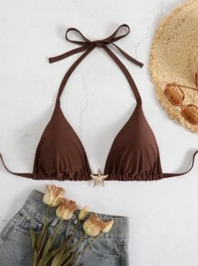 Swim Basics Plus Size Women's Solid Color Halter Bikini Top, Summer - Coffee Brown - View 1