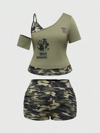 Grunge Punk Y2K Grunge Retro Eye & Letter Print Camo Patchwork Cropped Top And Shorts Set, Plus Size