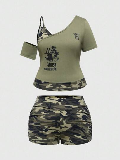 Grunge Punk مجموعة توب مقصوّر وشورت مطبوع بطبعات عسكرية ورسائل وعيون بطراز Y2K جرانج ريترو، مقاسات كبيرة