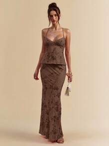 SHEIN BAE Áo hai dây mảnh, chất liệu jacquard, không tay, thích hợp cho nữ, kiểu áo tank top đi nghỉ mát, mùa xuân/hè. - màu nâu - Xem 7