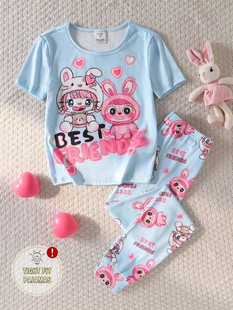 Bộ đồ ngủ thoải mái gồm 2 áo tay ngắn in họa tiết hoạt hình và quần legging cho bé gái - Màu xanh nhạt - Xem 1