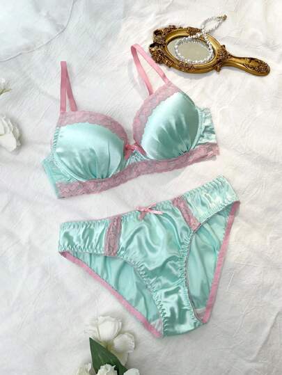 2pcs Underwire, Uplift, Molded Cup, Gather, Lace Patchwork, Satin Bow Comfy Balconette Cute Doll Fresh Women Lingerie Set Satin Lingerie Set Push Up Lingerie Set  Cozy And Elegant Details