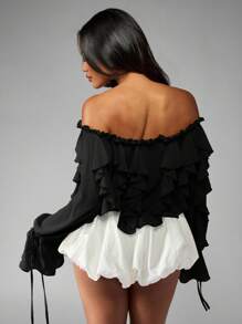 MISSGUIDED Off Shoulder Chiffon Ruffle Bodysuit Dramatic Bell Sleeves Boho Festival Bardot Neckline Special Occasion Evening Party Drawstring Bubble Hem Blouson Design