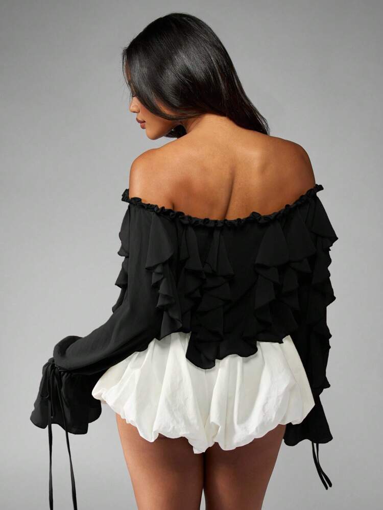 MISSGUIDED Body in chiffon con scollo a spalle scoperte, maniche a campana con volant, stile boho festival Bardot, per occasioni speciali ed eventi serali, con design a palloncino in vita e orlo a goccia
