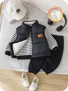 SHEIN 3 件套男婴/女婴秋冬可爱休闲厚垫背心夹克、黑白条纹连帽衫、黑色慢跑裤运动服、男女通用婴儿服装、婴儿冬装