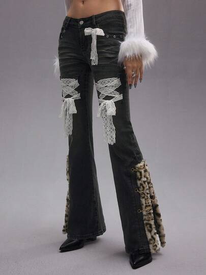 ROMWE EDITION Y2K Romantic Punk Handmade Lace Patchwork Bowknot Strap Leopard Faux Fur Super Low Waist Women Flare Jeans
