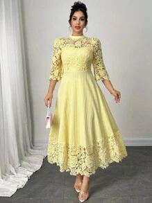 Modelyn Vestido largo de manga larga con parches de bordado de ojal amarillo y talla grande para mujeres - Amarillo - Ver 1