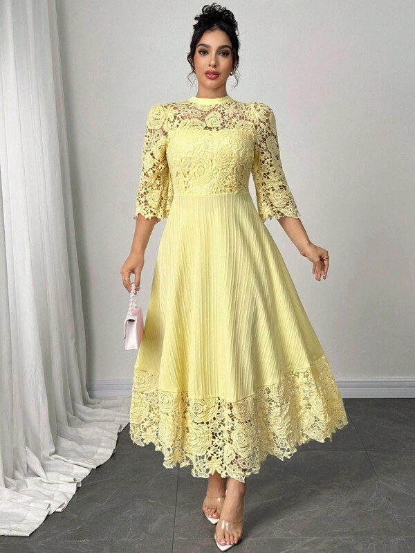 Modelyn Yellow Eyelet Embroidery Patchwork Maxi Long Sleeve Plus Size Dress For Women