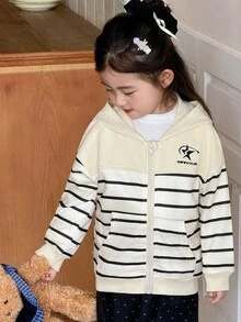 Genkimix Kids Young Girl Striped Print Star & Letter Embroidered Casual Hooded Jacket - Apricot - View 5