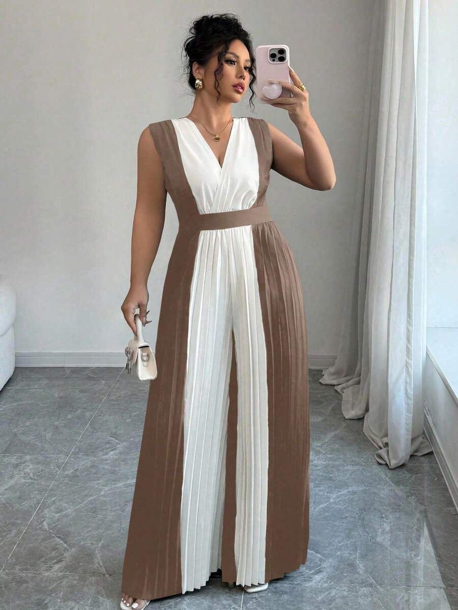 Elenzga Bộ đồ liền thân ống rộng eo thắt eo xếp ly cổ chữ V cỡ lớn dành cho nữ, trang phục thường ngày thanh lịch để đi làm, du lịch và hàng ngày - màu nâu - Xem 1