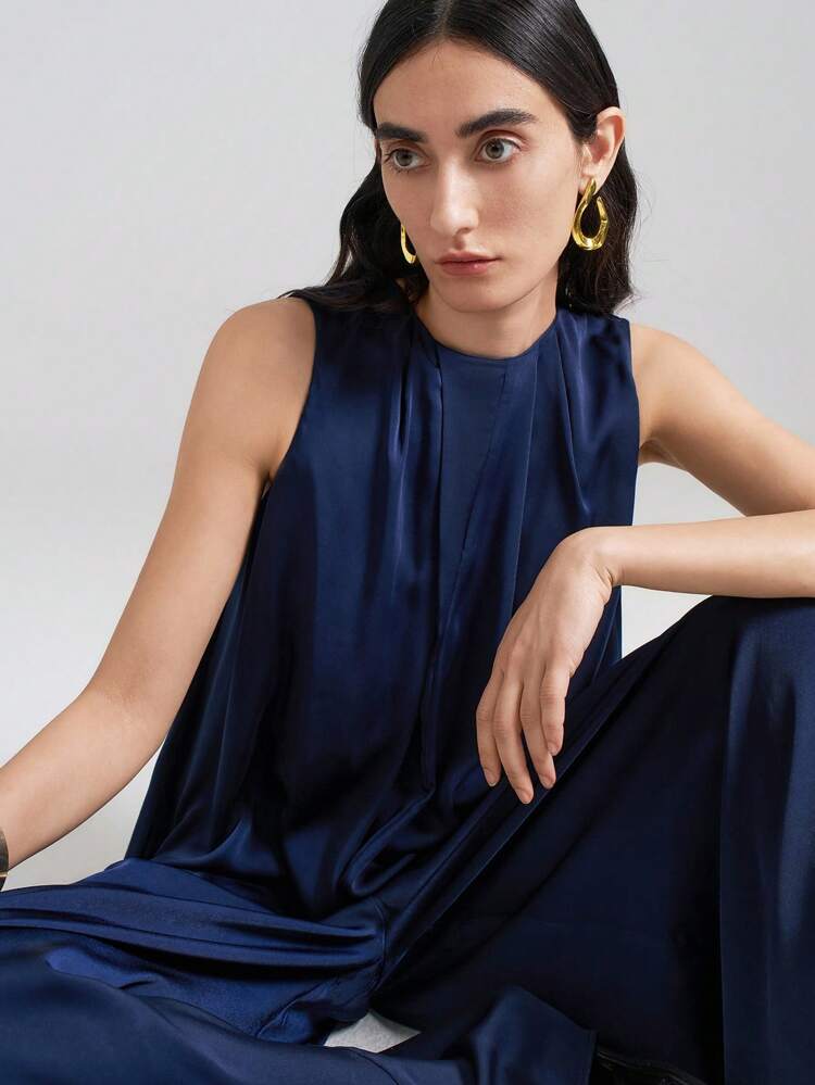 Elegant Navy Blue Sleeveless Draped Jumpsuit, Satin Fabric, Versatile For Daily Wear, Beach, Boho Resort Style, Summer Influencer Same Style, Exotic Vibe, Comfortable High-Quality Material