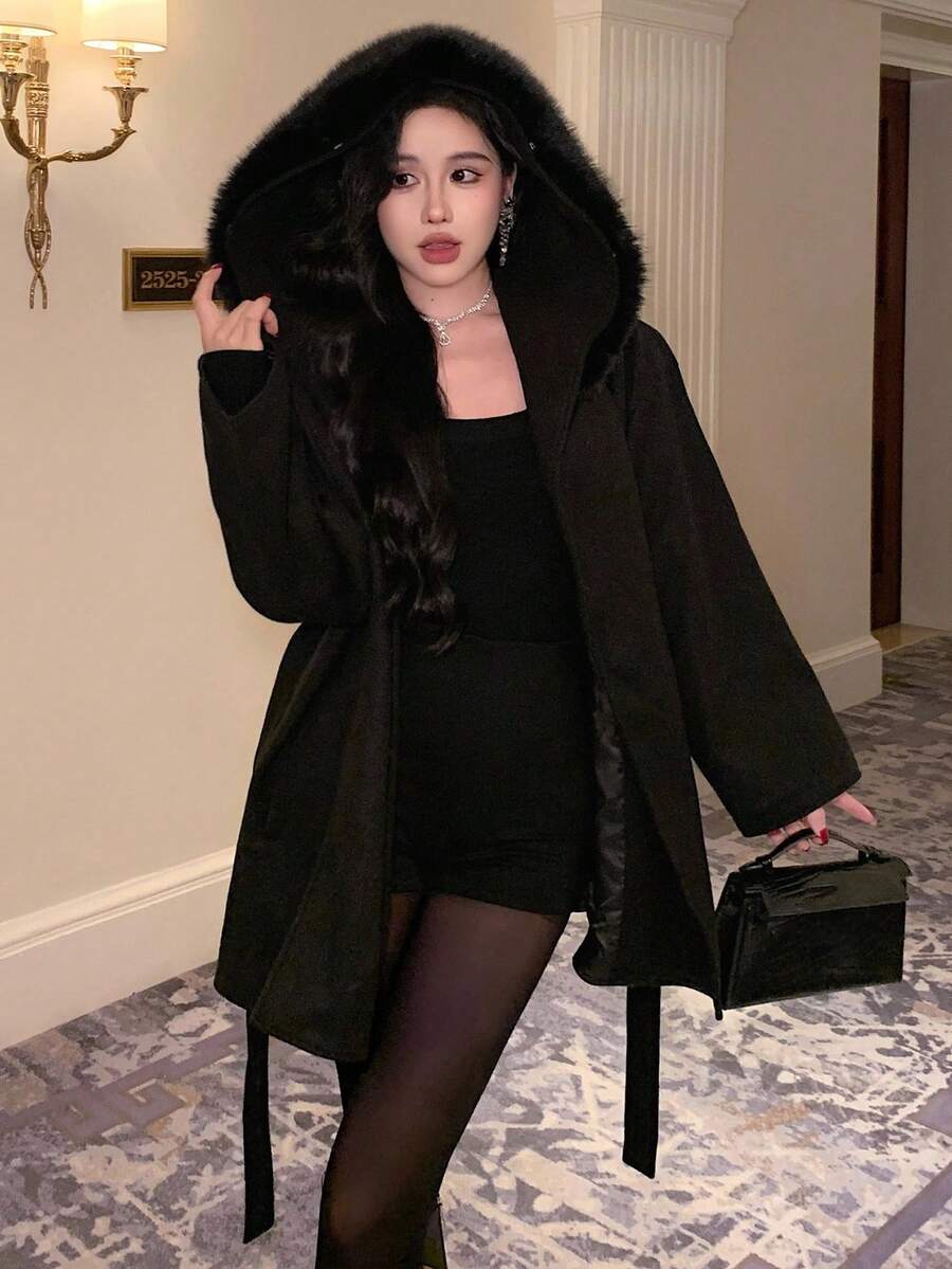 DAZY Women's Elegant Collar Belt Overcoat, Autumn/Winter Jacket - Black - View 1