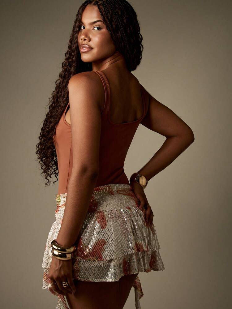 MISSGUIDED Square Neck Tank Bodysuit Sequin Evening Party Festival Draped Ruffle Occasion Wear Professional Stage Costume Layering Base