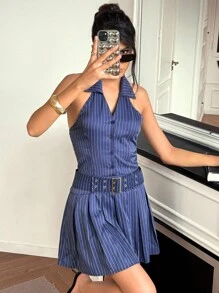 Chiquease Women's Striped Button Waist Belt Pleated Hem Casual Halter Neck Dress Summer Dress Clothes For University - Navy Blue - View 5