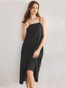 Ocili 女士简约天然亚麻舒适可调节肩带连衣裙家居服 - 黑色 - 查看 4