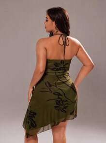 Rustia Green Spaghetti Strap Mesh Floral Print Mini Dress