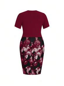 SHEIN Clasi 加大码女式花卉印花拼布泡泡袖二合一优雅连衣裙生日服装女式花卉印花连衣裙套装 - 酒紅色 - 查看 2